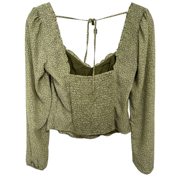 Abercrombie & Fitch Sz S Green Ditsy Floral Cropped Blouse Smocked Back Boho - Picture 3 of 8